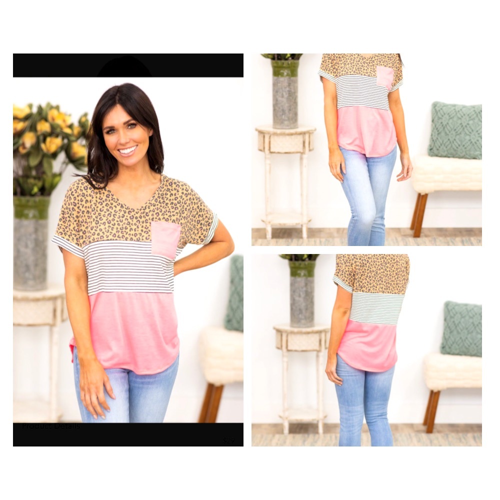 Color Block Short Sleeve Top with Party Pocket and V-Neck - Size Large